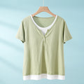 women's fake two-piece pajamas with breast pads, bra-free summer short-sleeved round neck pure cotto