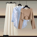 Fall-Winter Fashion Slimming Plus Size Knit Wool Wide Leg Pants + Sweater + Shirt 3-Piece Set