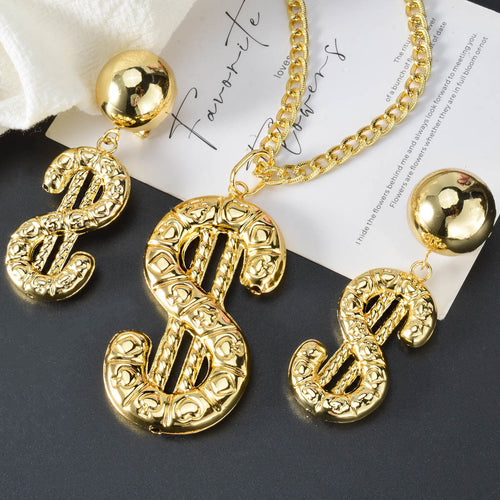 Western Hip-Hop With Money Flower Gold Plated Beautiful Gold No. Pendant Necklace Earrings Set INS Unisex Jewelry