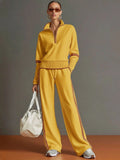 Sporty Casual Stand Collar Color-Block Wide Leg Pants + Hoodie 2-Piece Set