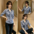 Fall Korean Elegant Striped Cropped Shirt