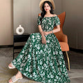 Rayon Floral Off-Shoulder Elastic Waist Bohemian Beach Dress