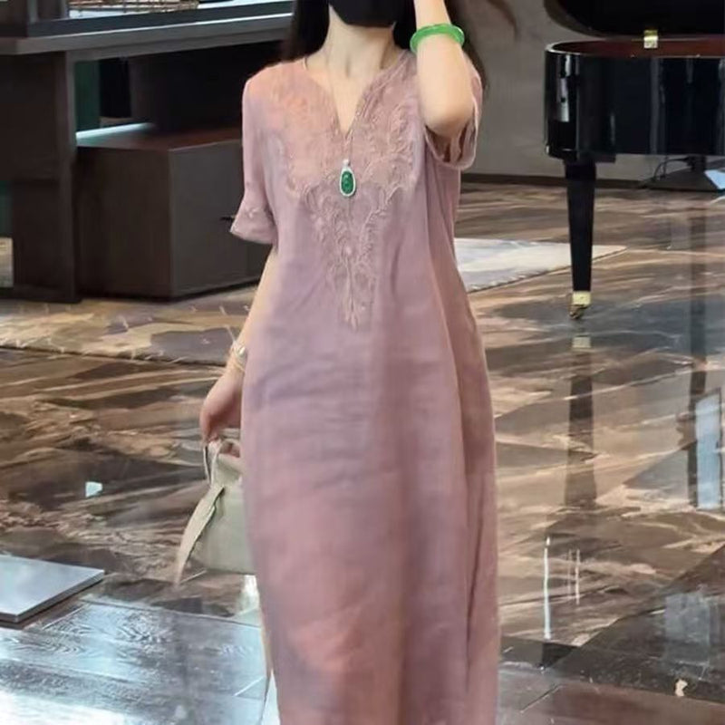 Cotton Linen Heavy Embroidery Long Dress, 4 Colors Available