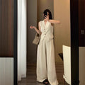 Summer Old Money Fashion Tencel Linen Sleeveless Wide Leg Pants + Vest 2-Piece Set