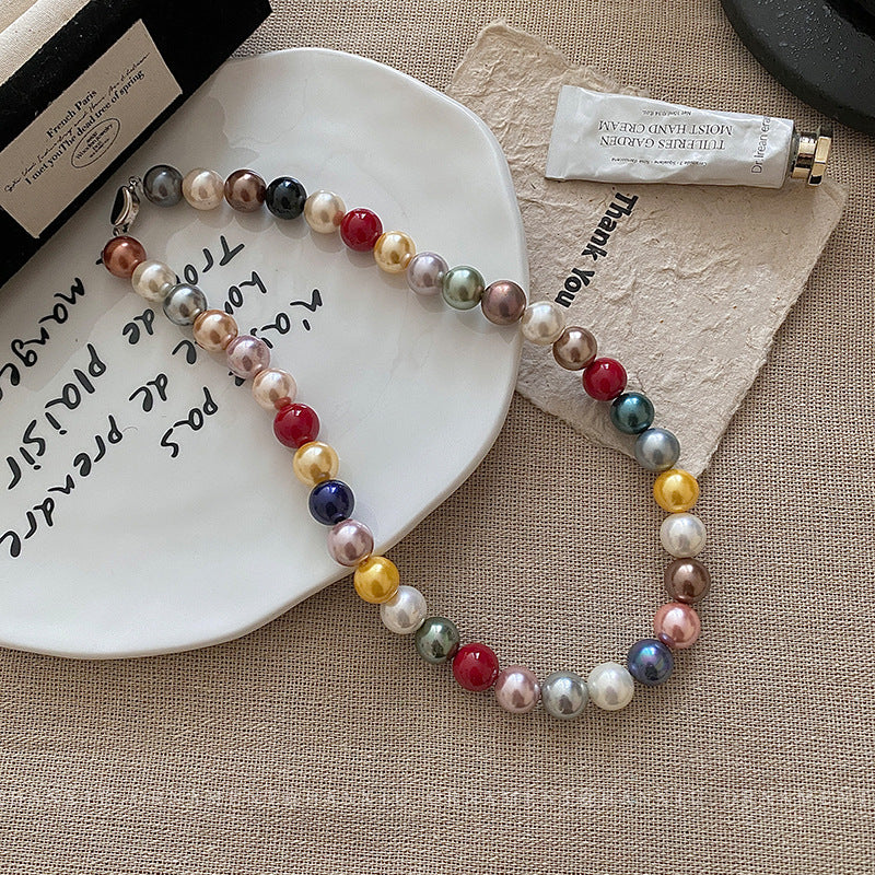 Colorful Beaded Round Pearl Necklace – Korean-Inspired Style - view 2