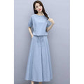 Women's Summer Slimming Linen Cotton Short Sleeve Dress + Skirt + Long Skirt 2-Piece - Light Blue
