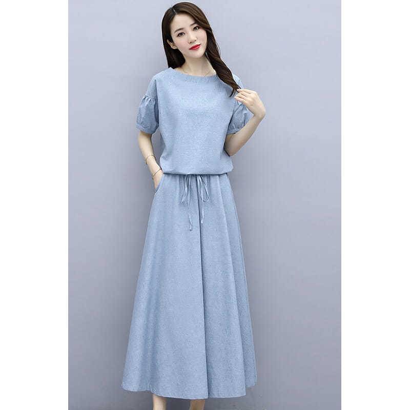 Women's Summer Slimming Linen Cotton Short Sleeve Dress + Skirt + Long Skirt 2-Piece - Light Blue