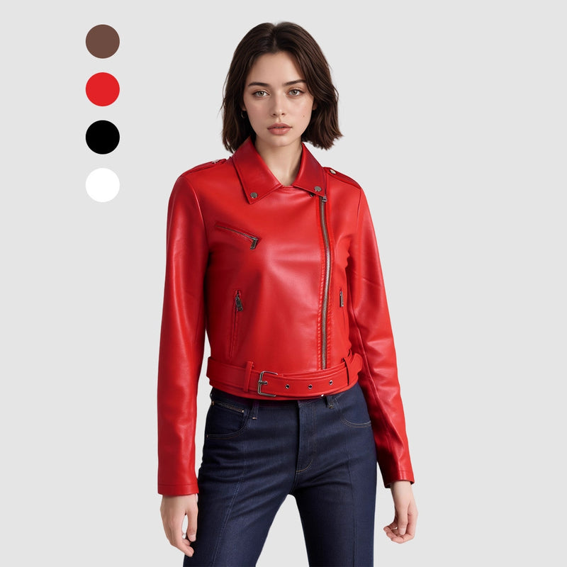 Women's Minimal Lapel Collar Cropped Belt Jacket 2026 | Trendy Jacket - Red