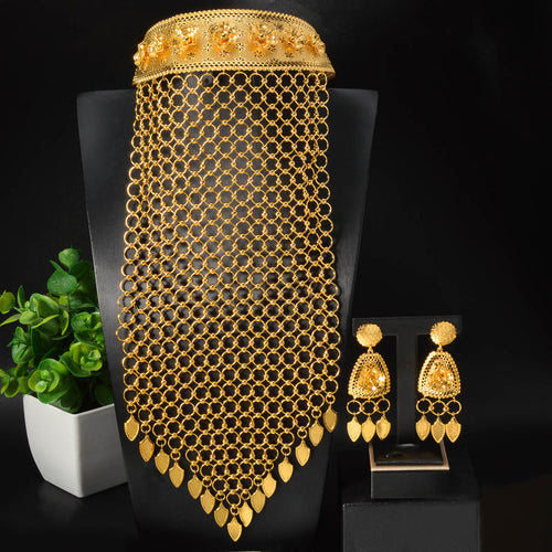 Western Middle East Luxury Women Long Fringe Necklace Earrings Set 18K Gold Set Wedding Banquet Bead Gem