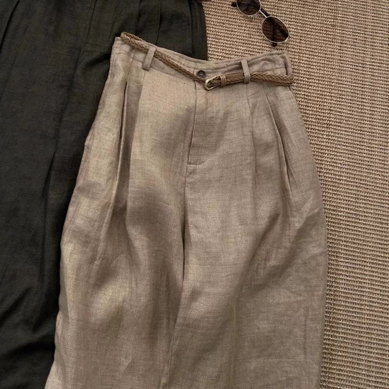 Summer Casual Slimming Linen High Waist Straight Leg Wide Leg Pants + Pants