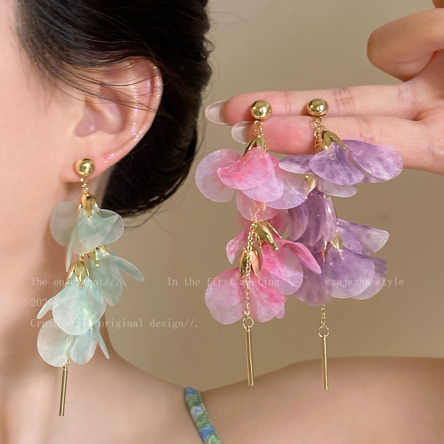 Pink Flower Rhinestone Drop Earrings - view 4
