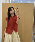 Summer Korean Artistic Ramie Mini Flutter Sleeve Stand Collar Diagonal Placket Lightweight Shirt