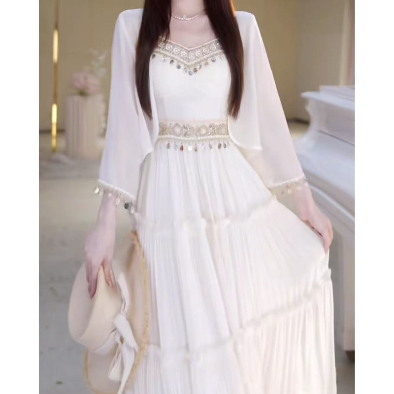Women's Ethnic Elegant Sun-Protection Loose Dress + Cardigan + Camisole + Shawl 2-Pie - As Pictured