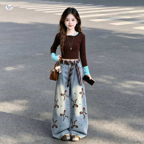 Girls' Faux Layered Contrast Tee & Bow Jeans Set