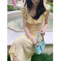French Retro Floral Square Collar Ruffle Mid-Length Dress