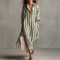 Striped V-Neck Shirt Dress - Loose 3/4 Sleeve Long Summer Dress Women