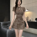 Chinese Button Modified Cheongsam Pleated Fitted Short Dress
