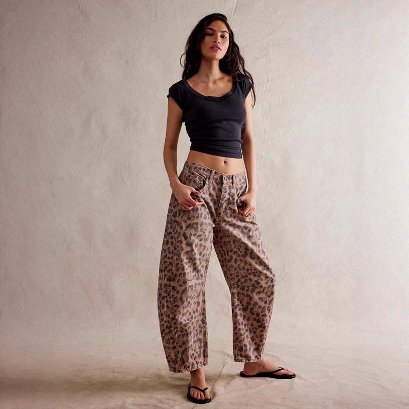 Fall Loose Wide Leg Straight Leg Leopard Pants