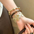 Vintage Gold Flower Width Edge Bangle Women Multi-Layered Wear Vacation Breeze Bracelet Exquisite Fashionable Hand Jewelry