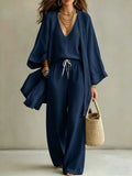 Summer Plus Size V-Neck Drawstring Wide Leg Cardigan + Pants 3-Piece Set