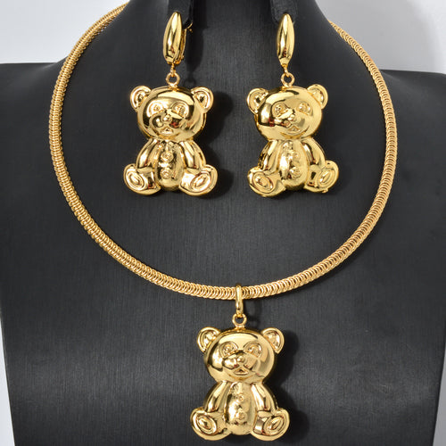 New Japanese Sweet Cute Bear Stud Earring Necklace Set Women Simple Fresh Elegant Design Detail 2-Piece Set