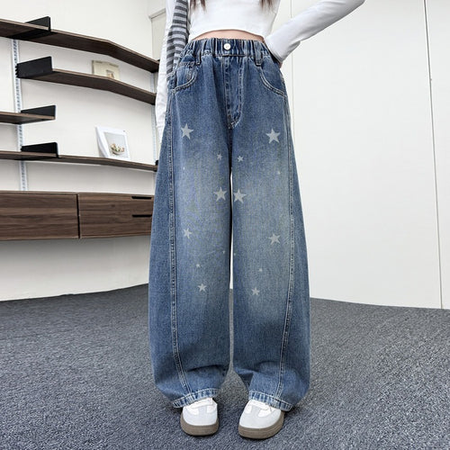 Girls' Star Print Spliced Curved-Leg Jeans