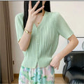 Women's Spring-Summer Versatile Short Sleeve Pleated Lightweight Cardigan + Jacket 20 - Yellow-Green