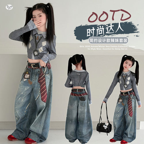 Girls' 3D Print Faux Layered Top Denim Wide-Leg Jeans Set