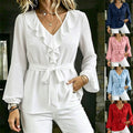 Elegant Slimming Lantern Sleeve Long Sleeve V-Neck Tie-Front Shirt