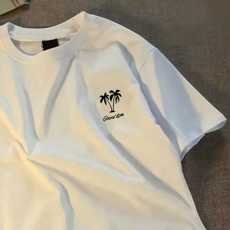 white short-sleeved xinjiang pure cotton men's t-shirt summer korean style trendy men's loose round