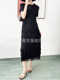 Pleated Fringe Short Sleeve Long Dress, Light Luxury Casual