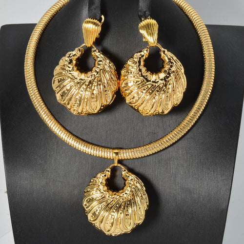 Middle East Fashionable Jewelry Overseas Electroformed Style Copper Gold Plated Press Pattern Necklace Earrings Set 2-Piece Set Banquet Accessory