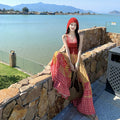 Women's Ethnic Jacquard Knit Tie-Front Color-Block Wide Leg Pants + Tank Top + Skirt - As Pictured