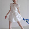EGKA French Embroidered Short Sleeve A-Line Fitted Dress