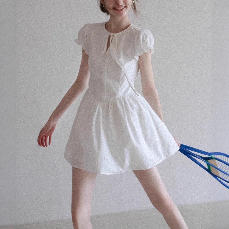EGKA French Embroidered Short Sleeve A-Line Fitted Dress