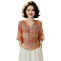 Summer Fashion Jacquard 3/4 Sleeve V-Neck Lightweight Shirt