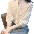 Summer Office Youthful Embroidered Cotton 3/4 Sleeve V-Neck Hollow-Out Shirt