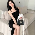 Two-Tone Pleated Camisole Slit Dress, Mature Elegant