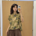 Summer Korean Artistic Ramie Mini Flutter Sleeve Stand Collar Printed Loose Shirt