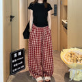 Summer Retro Casual Plus Size Plaid Wide Leg Pants + Tee Set