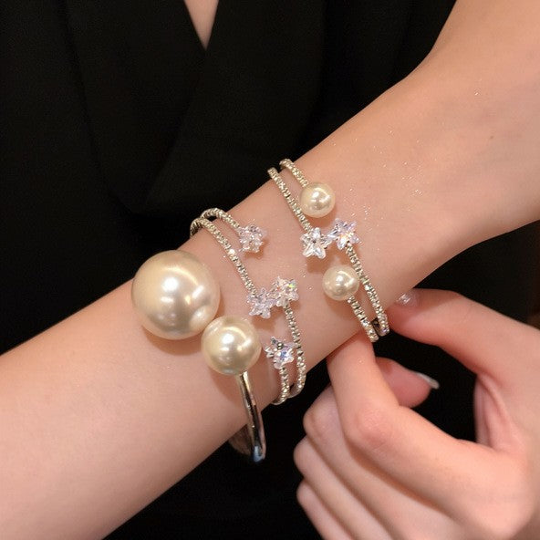 Korean Zircon Star Pearl Cuff Bracelet - view 4