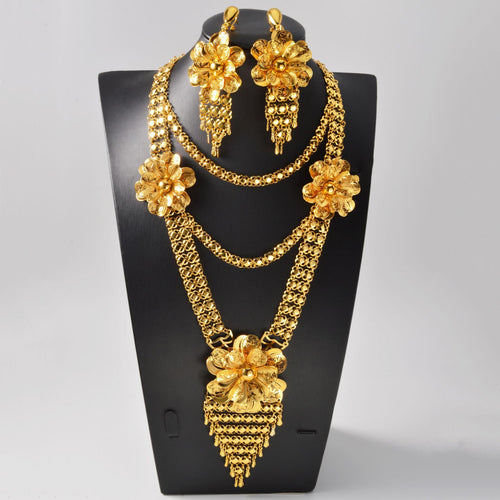 Middle East Bead Gem Necklace Earrings Set Statement Cutout 3D Flower Retro Africa Dubai Bride Accessory Overseas