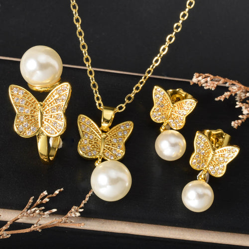 Overseas Accessory Day Korean Pearl Rhinestone Pendant Butterfly Flower Motif Necklace Earrings Set Ring 3-Piece Set In Stock