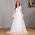 Long Sleeve V-Neck Lace Wedding Gown - Elegant Cathedral Train Bridal Dress