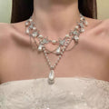 K Gold Feel Crystal Necklace Earrings Set Elegant Clavicle Chain Stud Premium Versatile Fashionable Accessory Banquet Gown Earrings