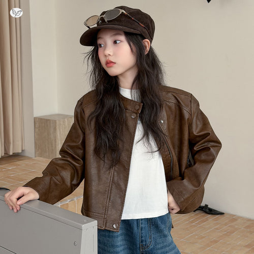 Girls' Moto PU Leather Short Jacket - Casual Outer