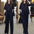 Summer Fashion Elegant Plus Size Short Sleeve High Waist Sequin Loose Tee + Pants 2-Piece Set