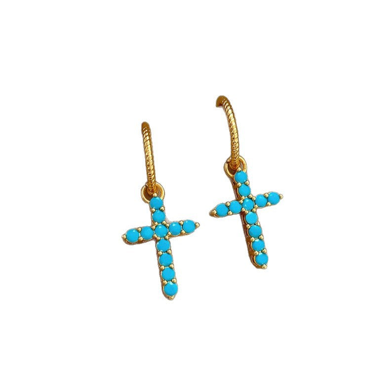 18K Gold-Plated Zircon Cross Pendant Stud Earrings - view 5