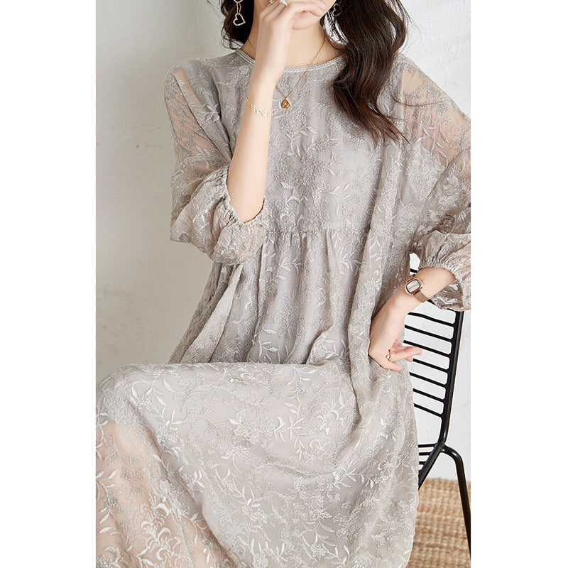 Mulberry Silk Embroidered Gray Long Dress, 2023 New
