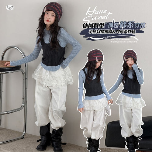 Girls' Faux Layered Knit Top Lace Flap Wide-Leg Pants Set